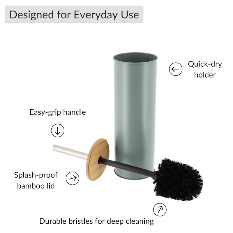Metal Toilet Brush and Holder Set With Bamboo Lid