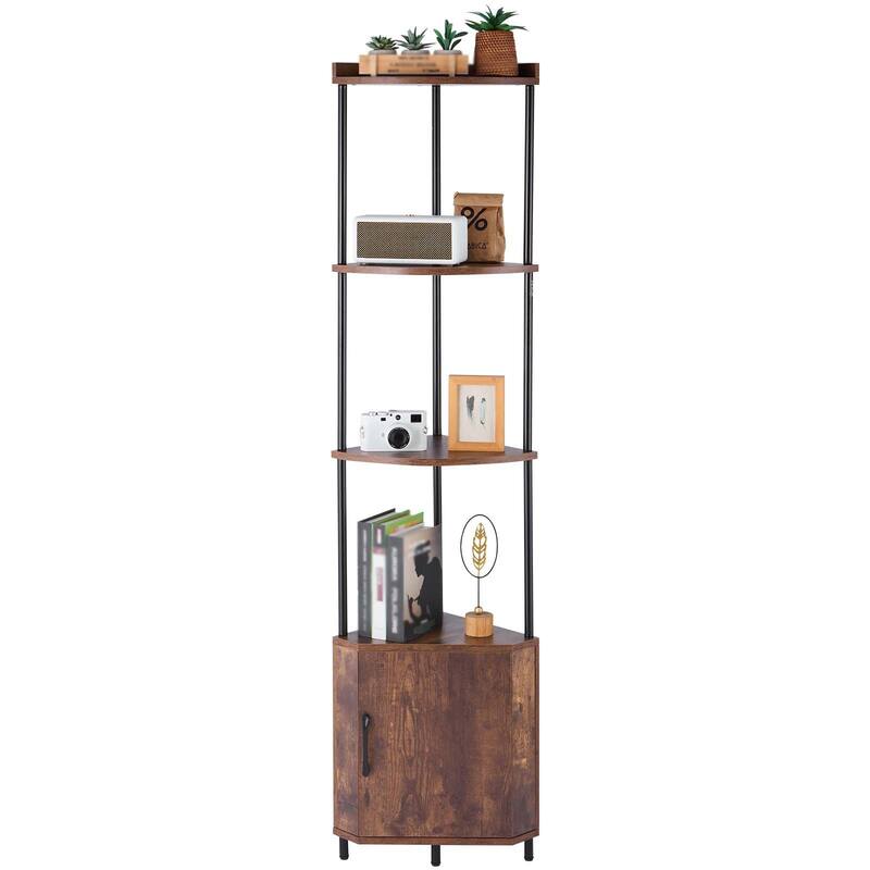 5-Tier Black Brown Wooden Adjustable LED Lights Corner Shelf with Doors and Metal Frame for Living Room - 12 x 12 x 66.1 in