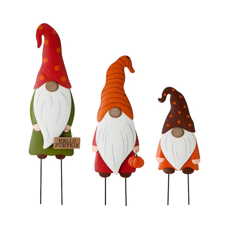 Glitzhome Set of 3 Fall Metal Gnome Family Yard Stake Standing Sign Hanging Decor for Thanksgiving