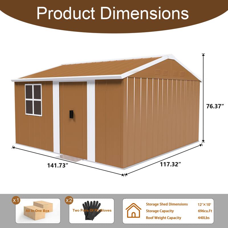 Roomfitters Metal Storage Shed, Heavy Duty Garden Tool House with Sliding Door and Windows, Brown
