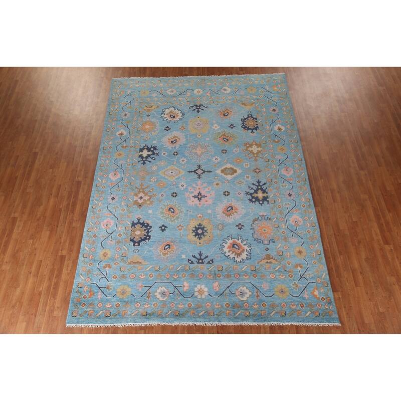 All-Over Blue Floral Oushak Indian Area Rug Handmade Wool Carpet - 8'9"x 12'0"