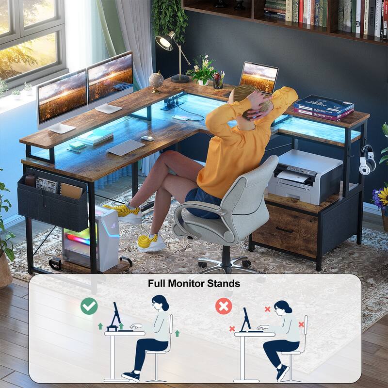 L Shaped Desk with File Drawer and Printer Stand, Reversible Corner Computer Desk with Power Outlet and LED Strip
