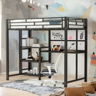 Twin Size Loft Bed with Desk, Whiteboard & Shelves - Metal Frame,Space-Saving Design,Black