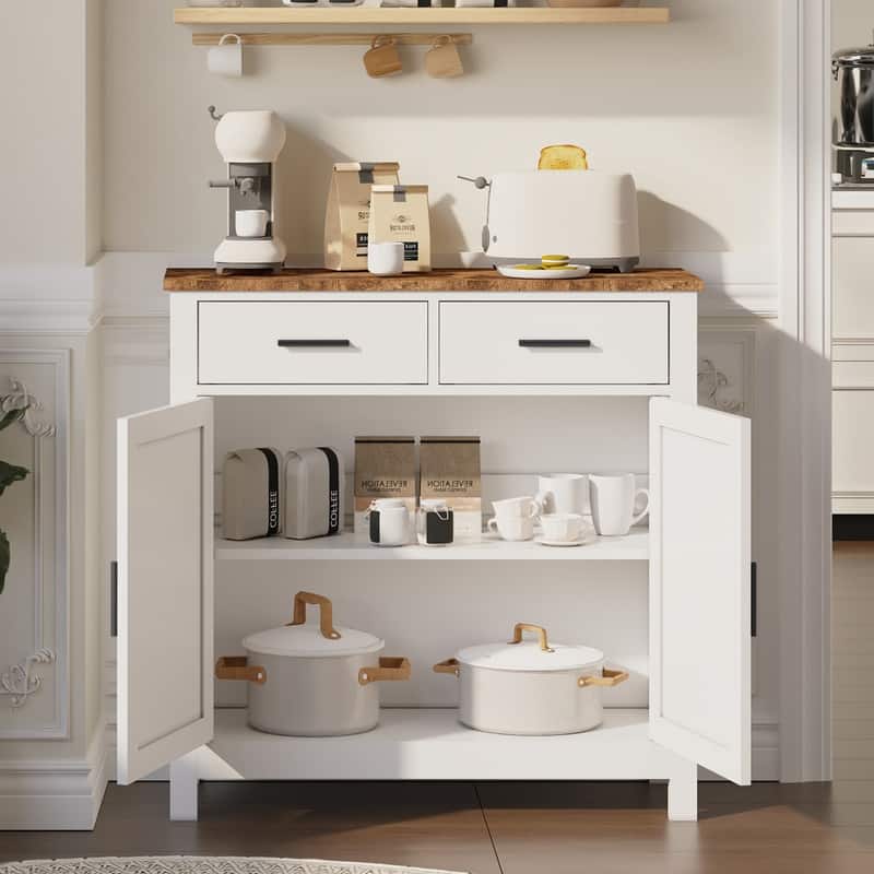 Modern Farmhouse Kitchen Storage Cabinet - Coffee Bar Sideboard with Doors & Drawers