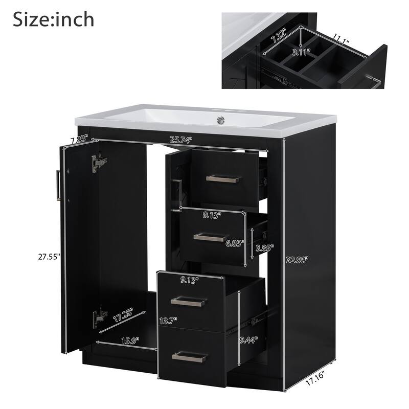 30'' Bathroom Vanity with Resin Sink Combo,Solid Wood Frame Bathroom Storage Cabinet with 3 Drawers& 2 Soft Closing Doors