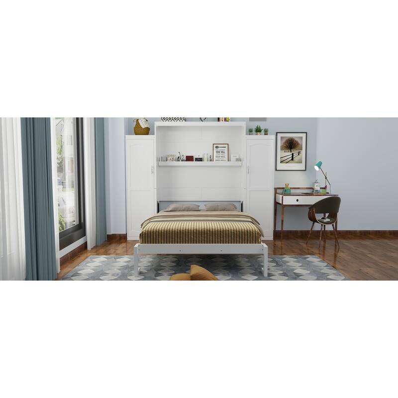 Full Size Foldable Murphy Bed with 2 Wardrobes and Storage Shelf, Space-Saving Platform Bedframe for Guest Room, White