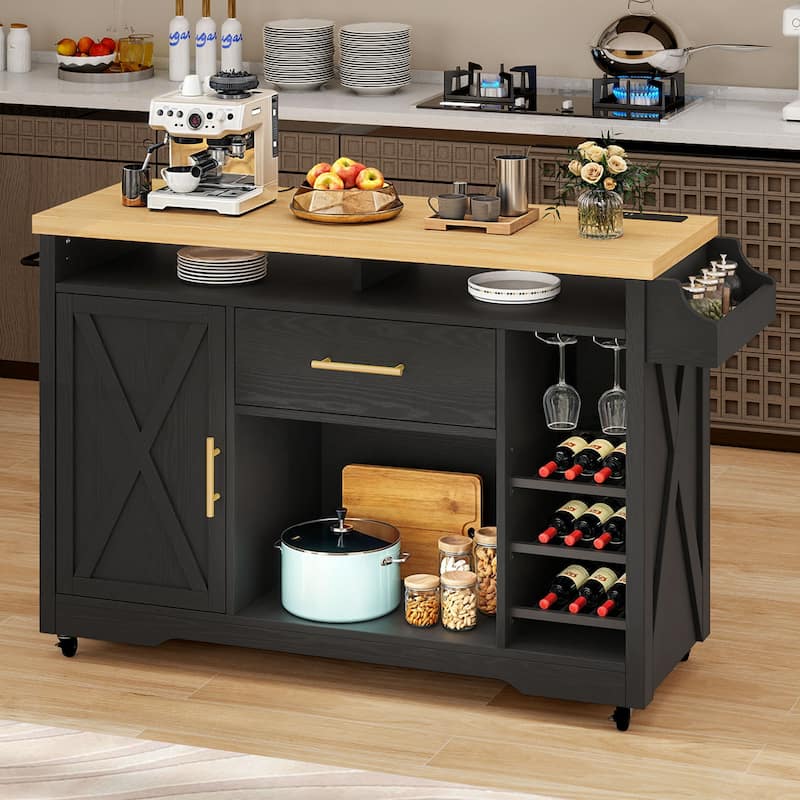 Moasis 47" Wide Mobile Kitchen Island Cart with Wine Storage Cabinet and Drawer&Power Outlet