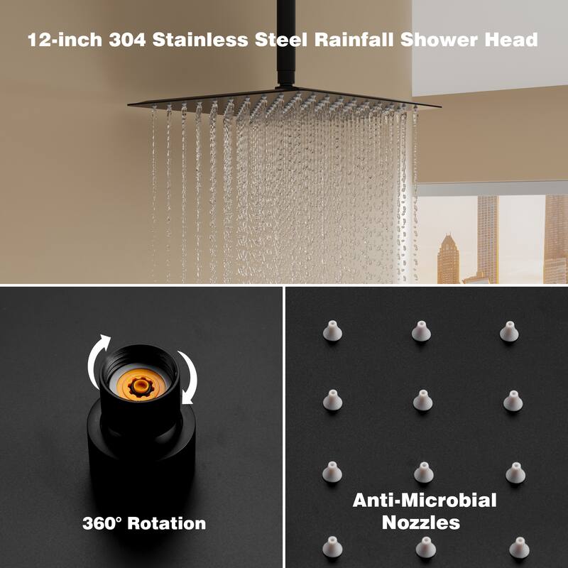 3-Function Ceiling-Mounted Shower System With 12" Ultra-Thin Square Shower Head,Body Jets And Hand Shower(Valve Included)