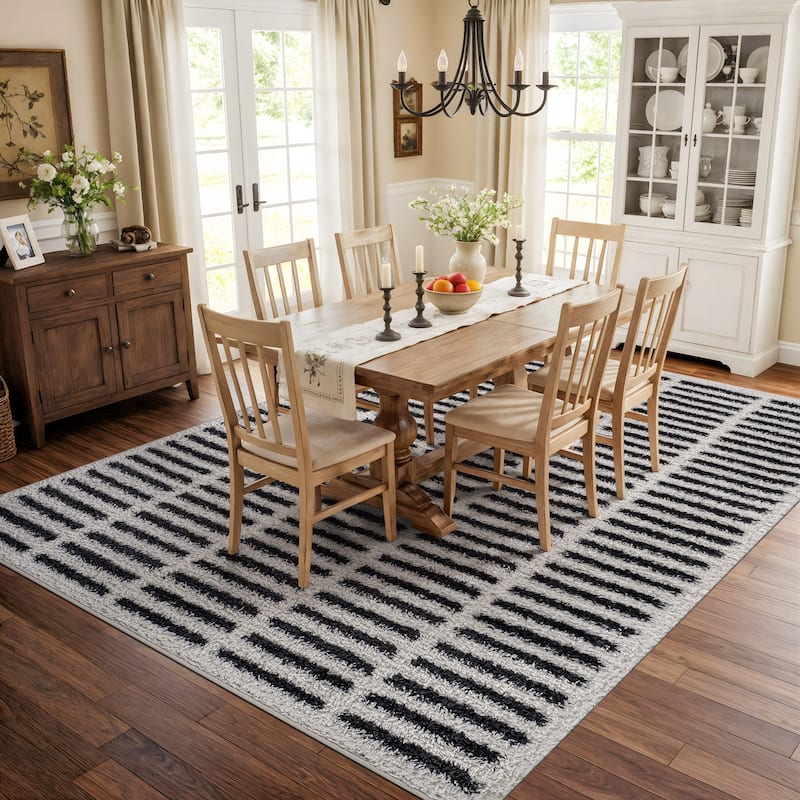 Bohemian Stripe Lines Shag Rug - Textured Surface - Anthracite Dark Gray - Easy to Clean
