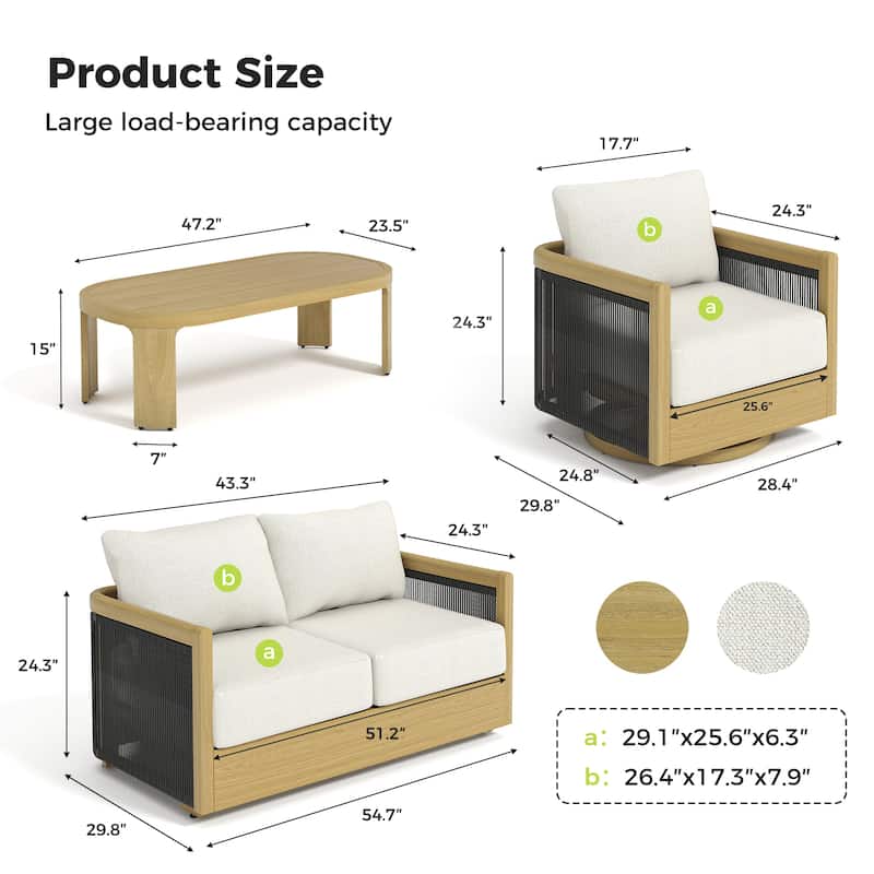 Overture 4-Piece Natural Wood Grain Aluminum Hand-Woven Rope Patio Conversation Set with Swivel Chairs, Cushions, Coffee Table