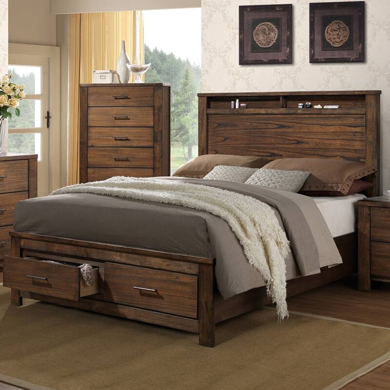 Wooden Bed With Display and Storage Drawers in Oak Finish - King