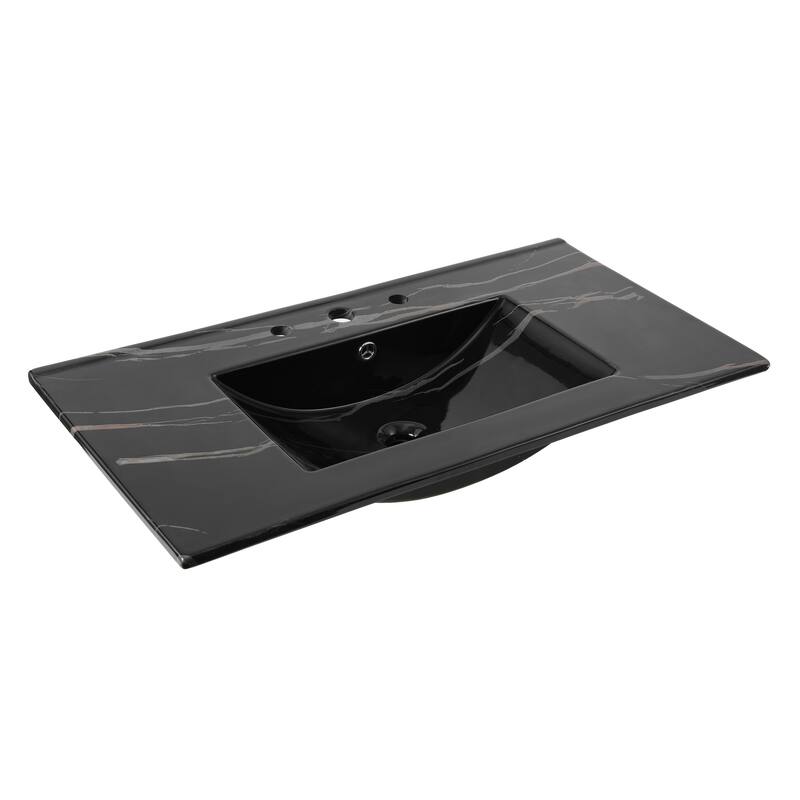 Aubert 3-Hole Classic Contemporary Rectangular Ceramic Single Sink Basin Vanity Top, by JONATHAN Y - 36 in. - Black Marble Effect