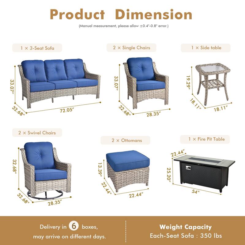 HOOOWOOO 9-piece Rattan Outdoor High Backrest Swivel Chair Set with 54"Fire Pit