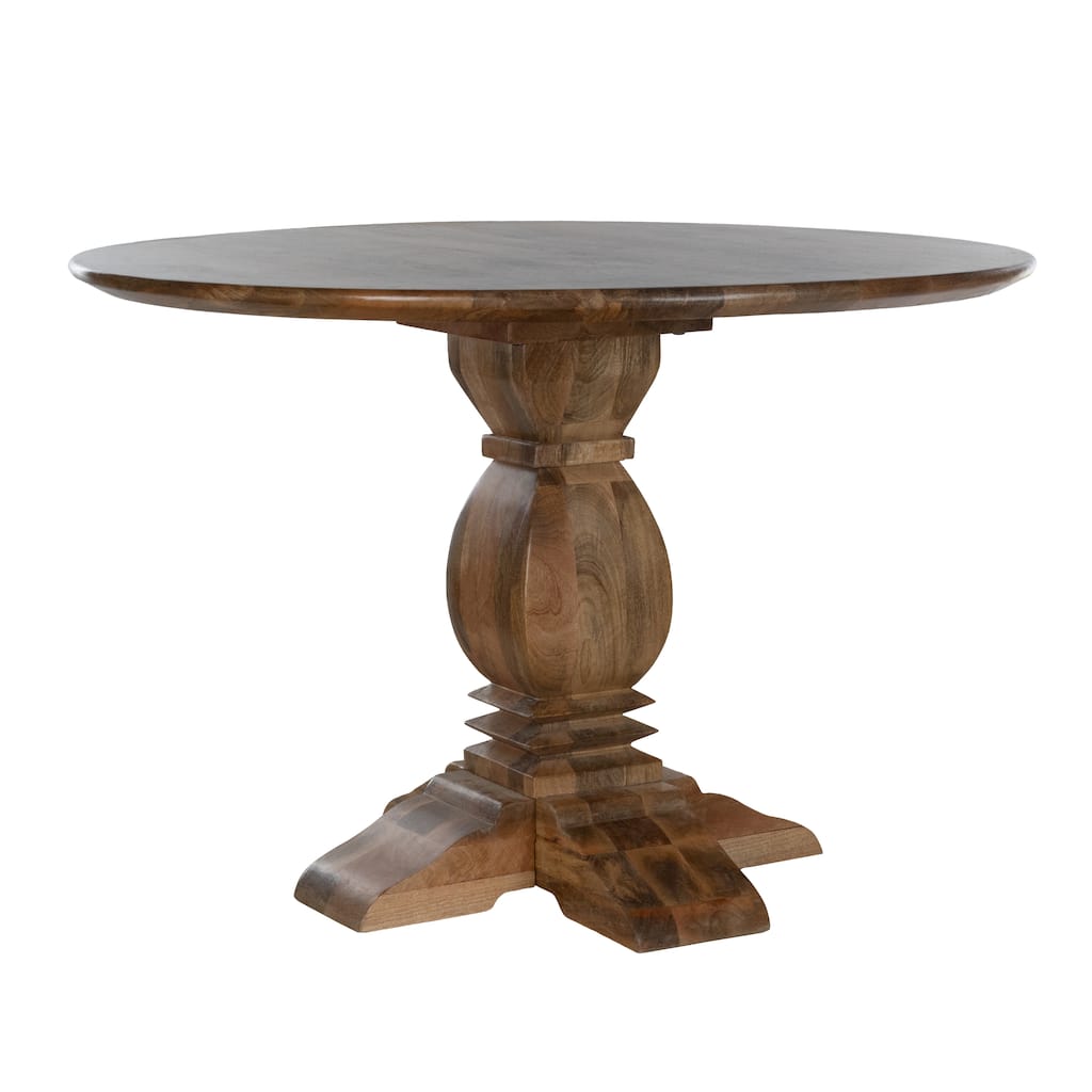 45 Inch Round Mango Wood Pedestal Dining Table with Carved Base in Brown - 45 Inch