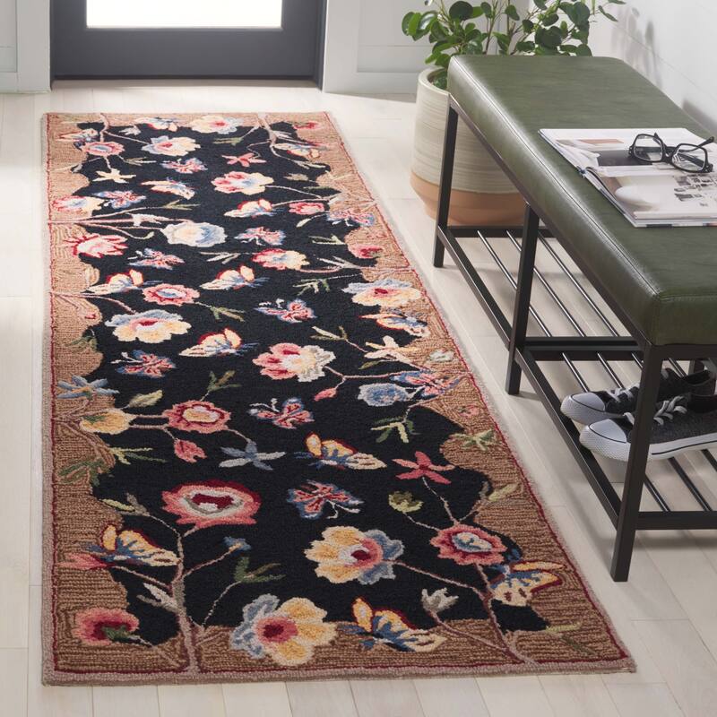SAFAVIEH Handmade Chelsea Klazien Floral Wool Rug - 2'6" x 8' Runner - Black/Brown