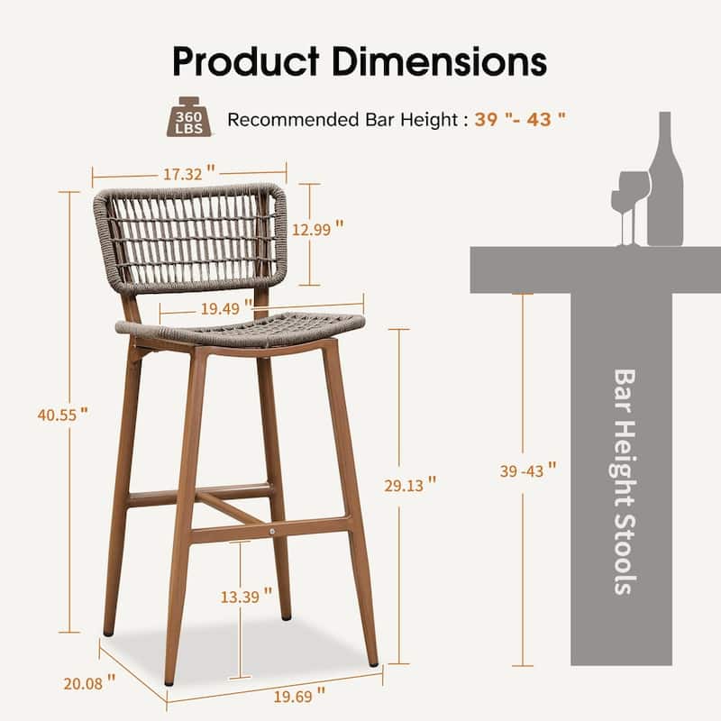 PURPLE LEAF Bar Stools Set of 2 Patio Wicker Bar Height Metal Chairs Boho High Barstools with Back for Garden Outdoor