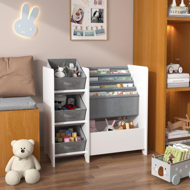 Kids Bookshelf and Toy Storage Organizer, Multifunctional 4 Tier Kids Book Shelf with 3 Collapsible Fabric Drawers