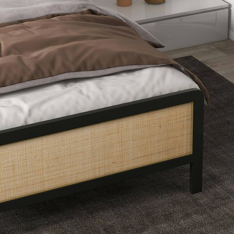 Bed Frame with Rattan Headboard, No Box Spring Needed