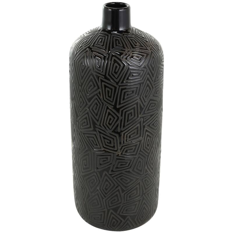 Black Ceramic Vase with Geometric Etchings