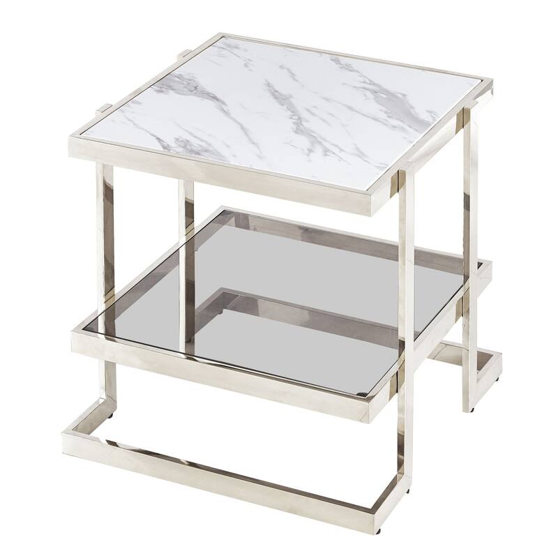 23.75" Silver and White Geometric Square Side Table