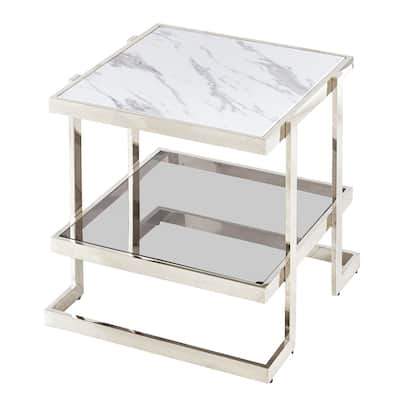 23.75" Silver and White Geometric Square Side Table