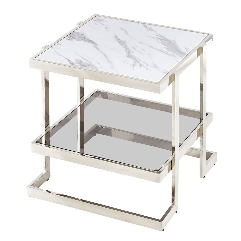 23.75" Silver and White Geometric Square Side Table