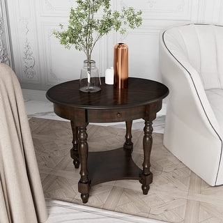 Solid Wood Oval End Table Sofa Table with Drawer and Storage Shelf