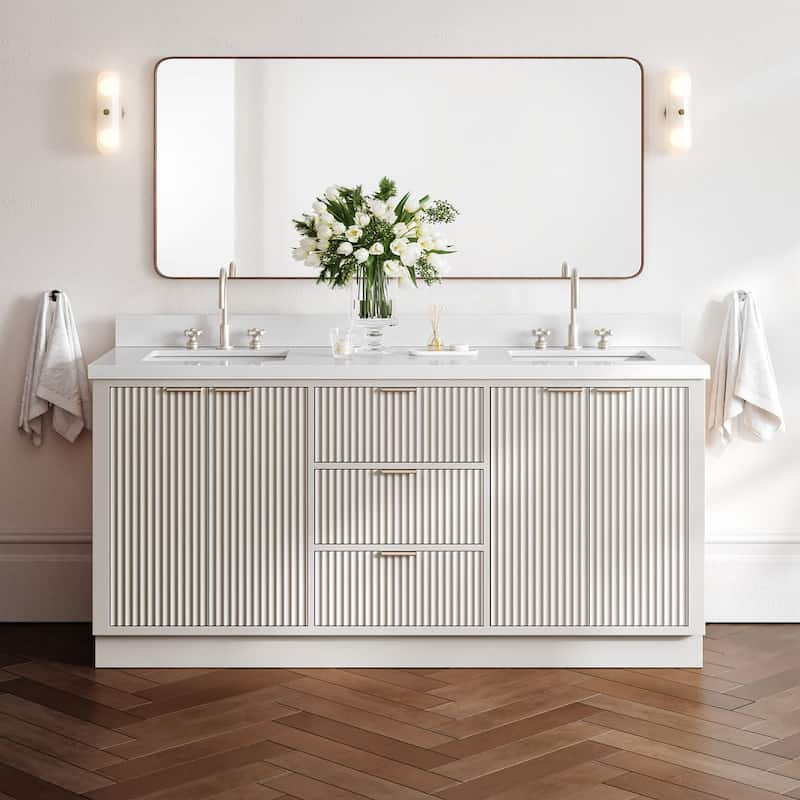 Ariel P73DWQRVO Milan 73" Free Standing Double Basin Vanity Set with - Warm White / Pure White Quartz Top / Brushed