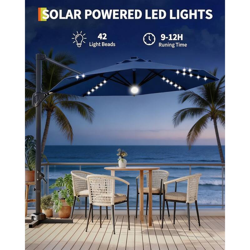 10FT Outdoor Cantilever Umbrella, 360-Degree Rotation, with LED