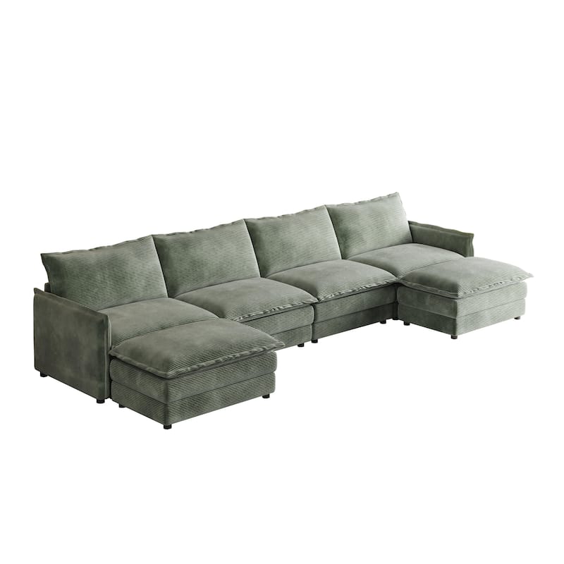 142" Corduroy 4-Seater Cloud Sectional Sofa with 2 Ottomans