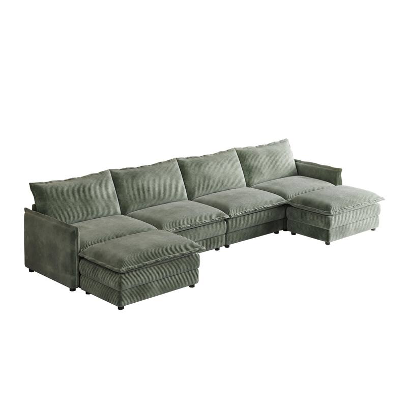 4-Seater Couch with 2 Ottomans, Corduroy Upholstered Cloud Sectional Deep Seat Sleeper Sofa U-Shaped Modular Couch