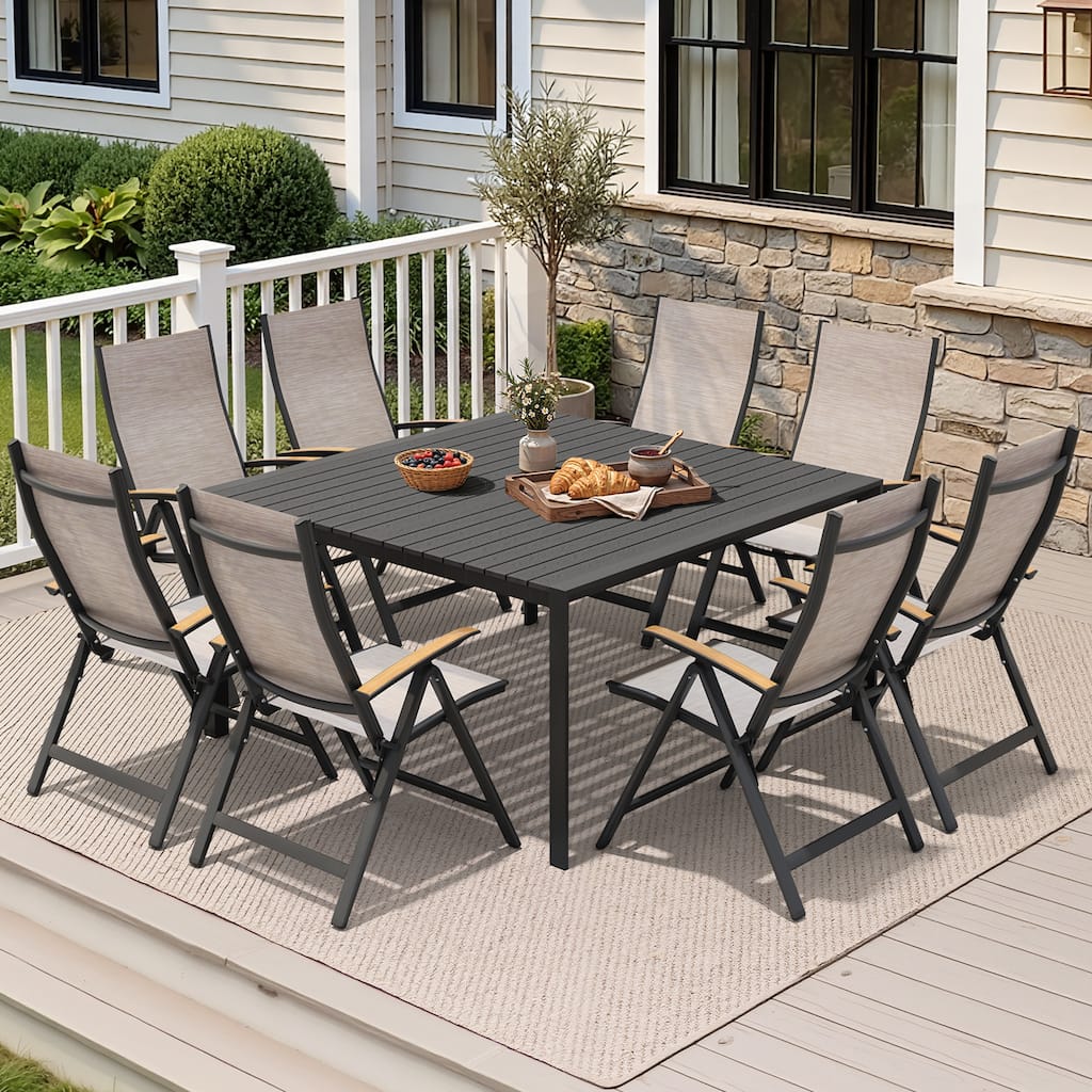 9 Piece Outdoor Patio Dining Set Aluminum Dining Table with Umbrella Hole and Adjustable Back Chairs