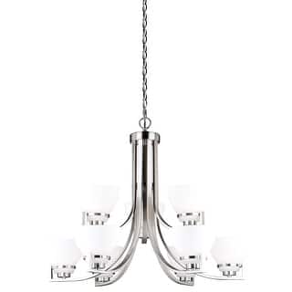 Metropolis 9 Light 2 Tier Satin Nickel Chandelier White Glass - 32-in W x 25.5-in H x 32-in D