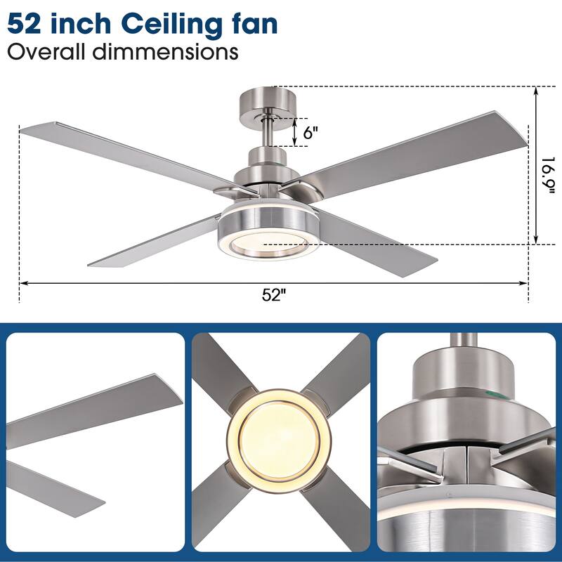 52" Brushed Nickel 4-Blades LED Ceiling Fan with Light and Remote