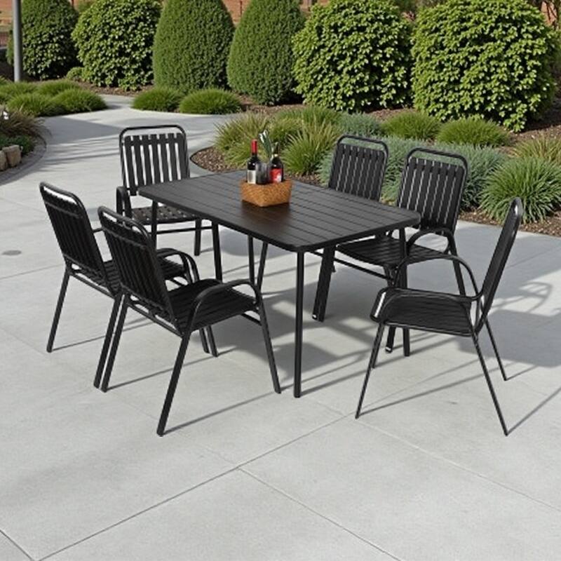 7-Piece Patio Dining Set with Steel Table and Plastic Chairs, Weather-Resistant Outdoor Furniture - Black
