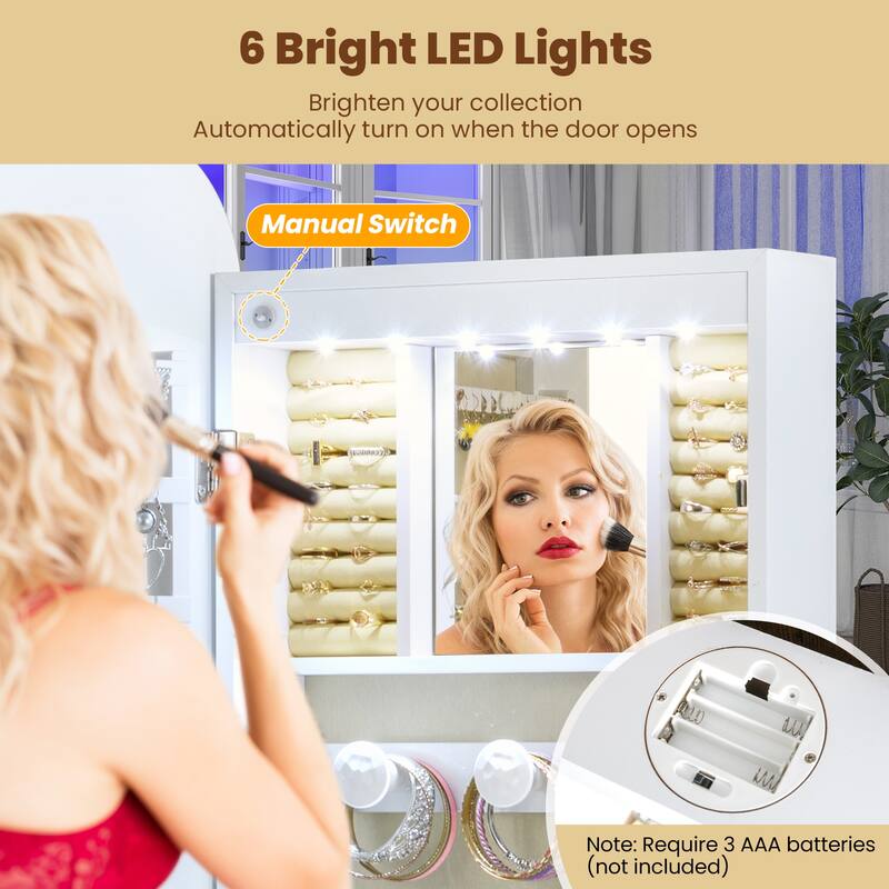 Wall Mounted or Door Hanging Jewelry Cabinet with LED Lights and Full-Length Mirror White - 16.5" x 10" x 42.5" (L x W x H)