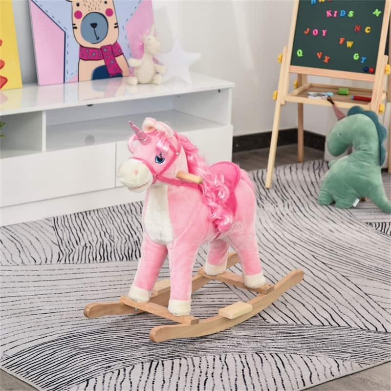 Pink Plush Ride-On Unicorn Rocking Horse for Kids Ages 3-6 Interactive Sound and Movement Wooden Steel Frame