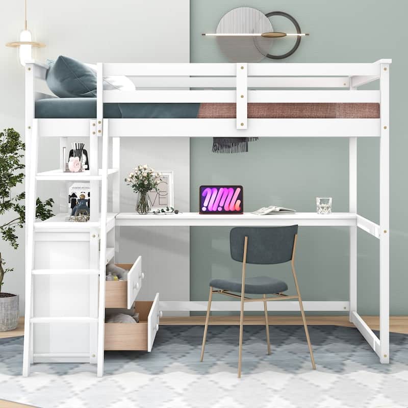 Full Size Loft Bed with Desk and Shelves - White