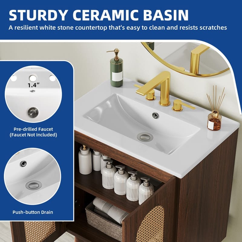 Moasis 24" Bathroom Vanity with Ceramic Sink, Rattan Double Door Cabinet and Drawer, Freestanding Solid Wood Legs
