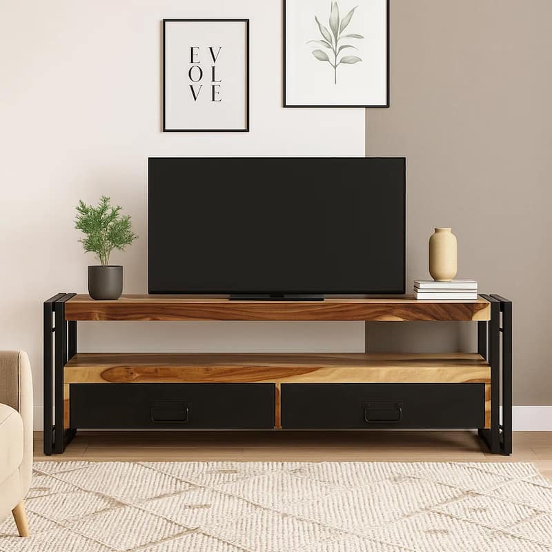 Kely TV Entertainment Media Cabinet, Brown Solid Sheesham Wood, Black Steel