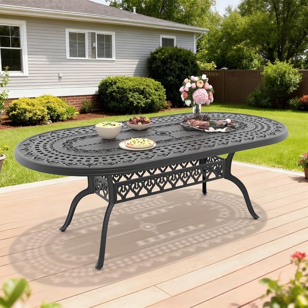 cast aluminum patio table with umbrella hole Nuu Garden 3Pcs Ding Set SCD002-04A | black, aluminum, fit an resistant and easy to clean 81.89 inch Black Oval Cast