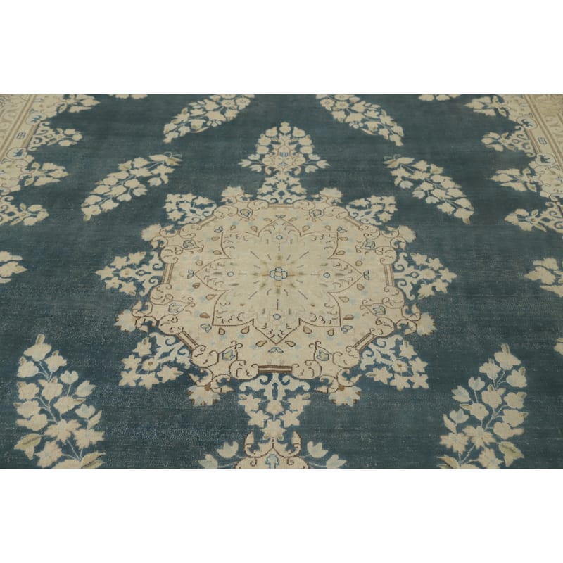 Hand Knotted Oriental 100% Wool Carpet Traditional Floral Navy Blue & Blues Tabriz Area Rug - 11' 9'' X 8' 8''