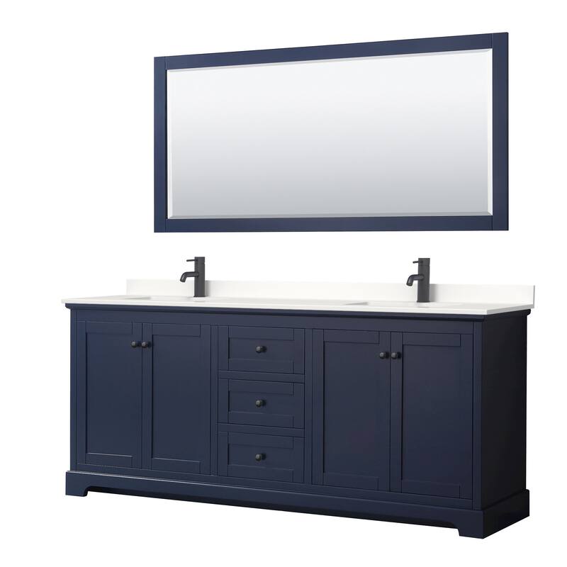 Avery 80-inch Double Vanity, Quartz Top, 70-inch Mirror - Dark Blue, Black Trim, White Quartz Top