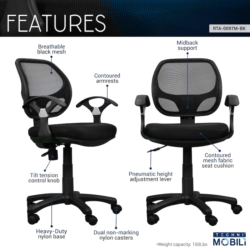 Mid Back Mesh Office Chair with Reclining, Computer Chair with Fabric