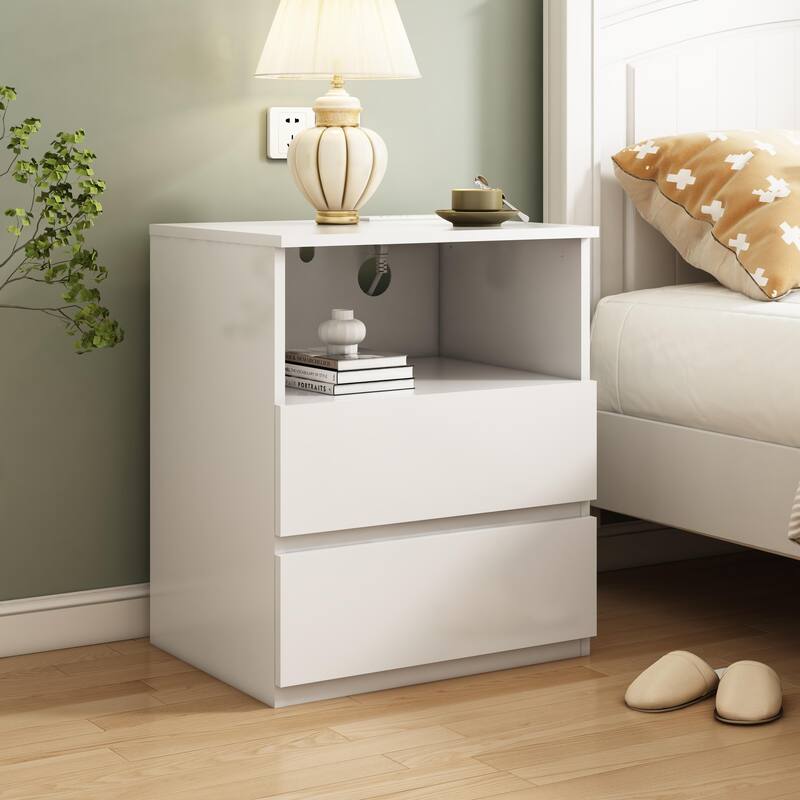 Nightstand with Charging Station, Sofa Side Table with Open Shelves & 2 Drawers, Large Capacity Wood Storage Cabinet