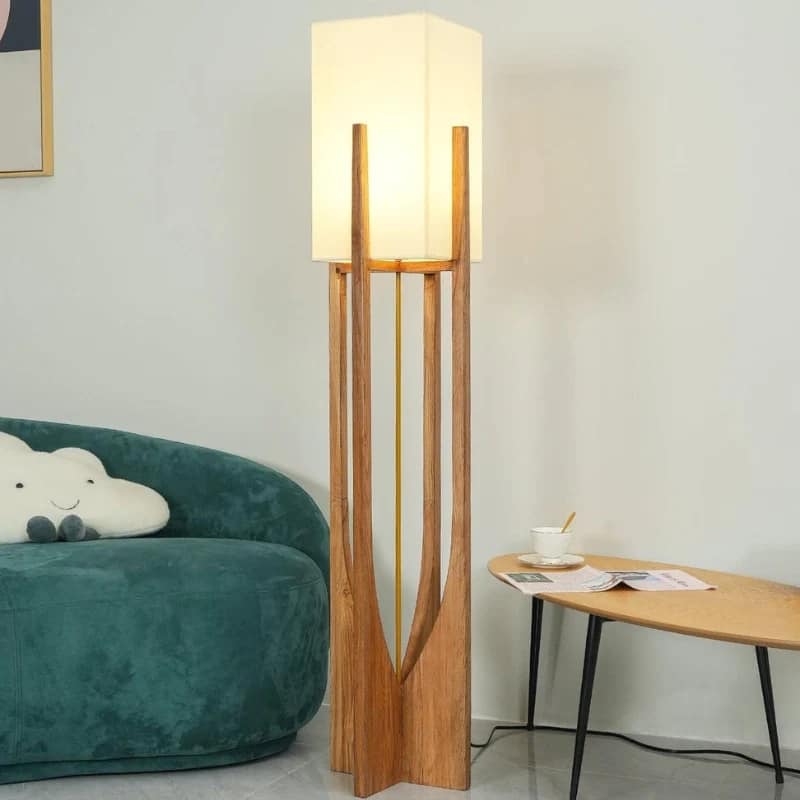 Solid Wood Modern Floor Lamp with Fabric Shade - Natural Wood