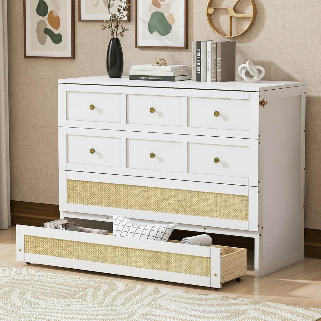Convertible Full Size Murphy Bed Cabinet with Rattan Accents and Storage Drawer by Harper&Bright Designs