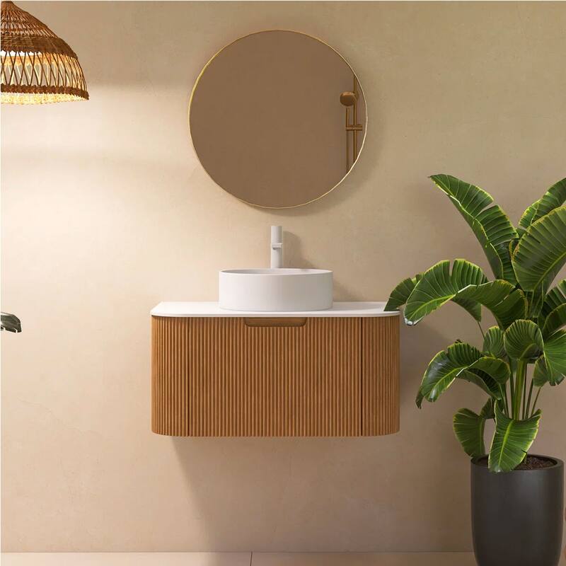 Wall-Mounted Bathroom Vanity with White Round Ceramic Sink - 29.92'' x 18.9'' x 19.48'' - Natural Wood
