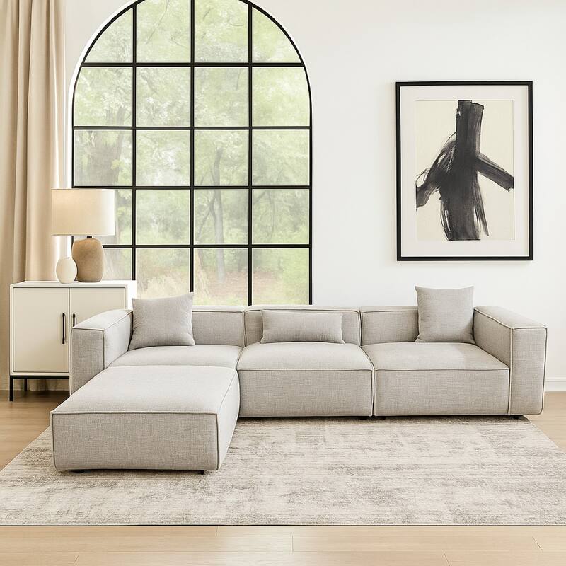 Daro 4pc Modular Sofa with Chaise, 3 Pillows, Barley Gray Polyester