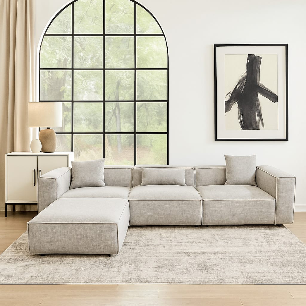 Daro 4pc Modular Sofa with Chaise, 3 Pillows, Barley Gray Polyester
